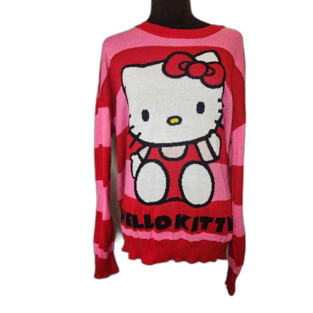 Sanrio Hello Kitty Sz L Pink & Red Striped Graphic Knit Pullover Sweater Y2K